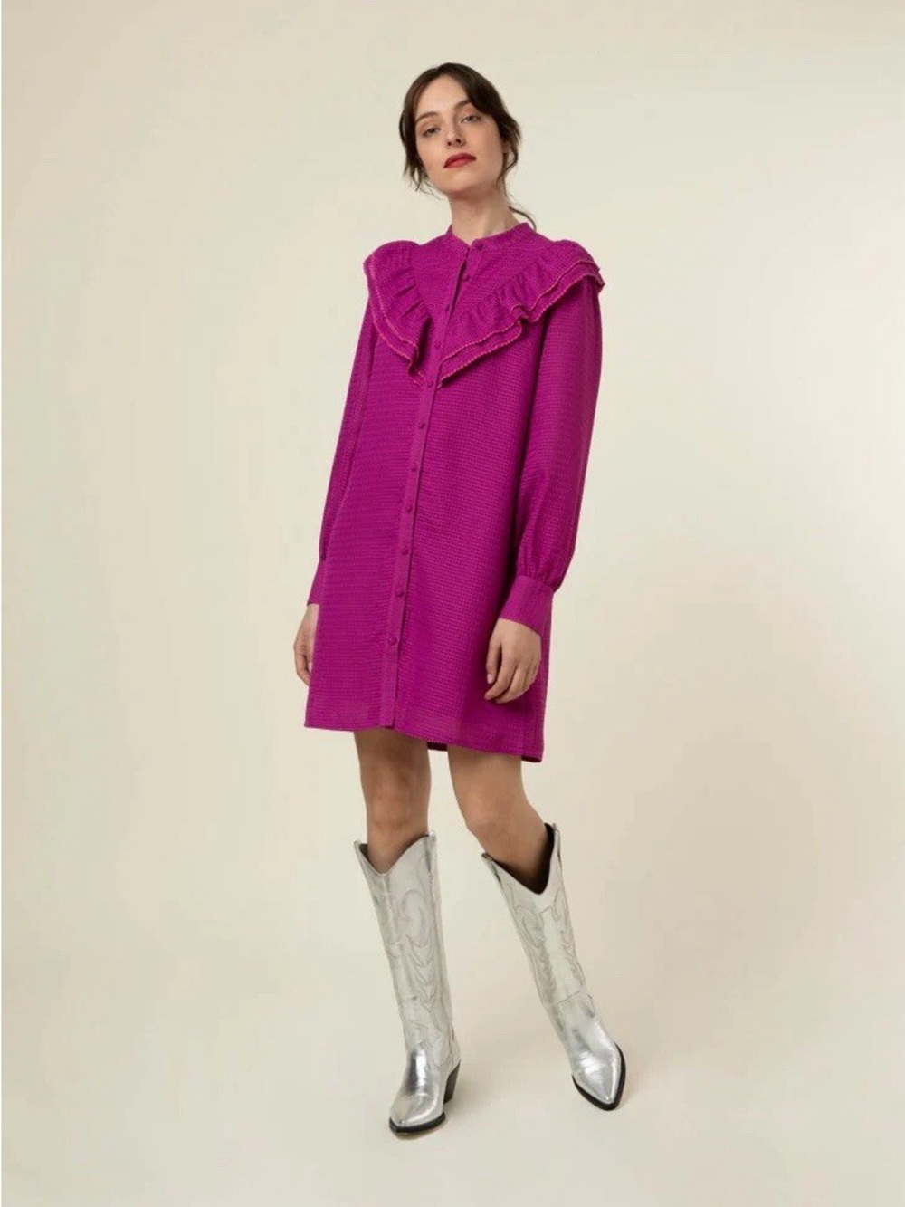 🆕 FRNCH Paris Violet Fleur Ruffle Shirt Dress